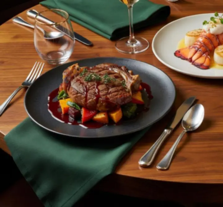 Artfully plated gourmet main courses at Turr Away arranged on a dark, cinematic table setting.