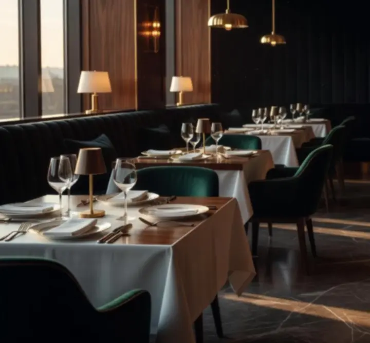 A cinematic view of Turr Away's luxurious dining room with soft emerald lighting and champagne gold accents