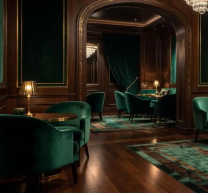 Cinematic entry into the Turr Away Lounge with plush seating and atmospheric lighting.