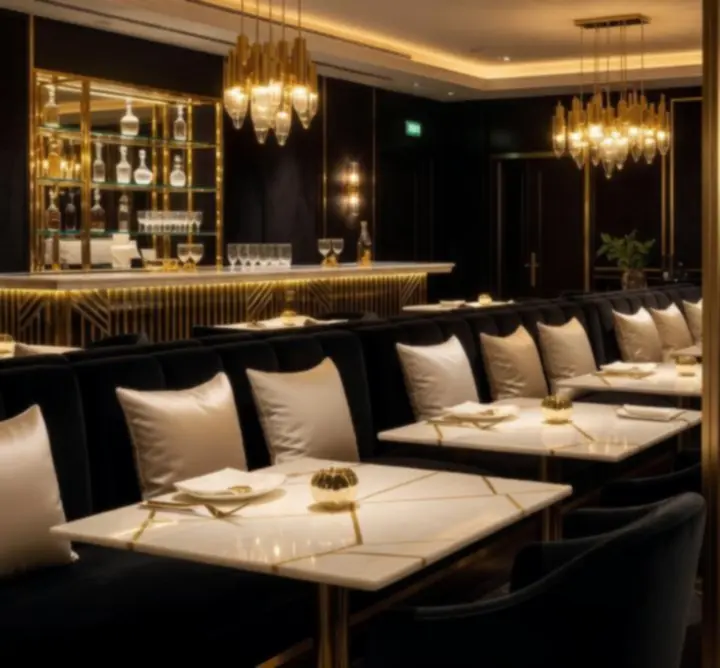 Luxurious dining table at Turr Away with emerald tones, soft candlelight and plated cuisine.