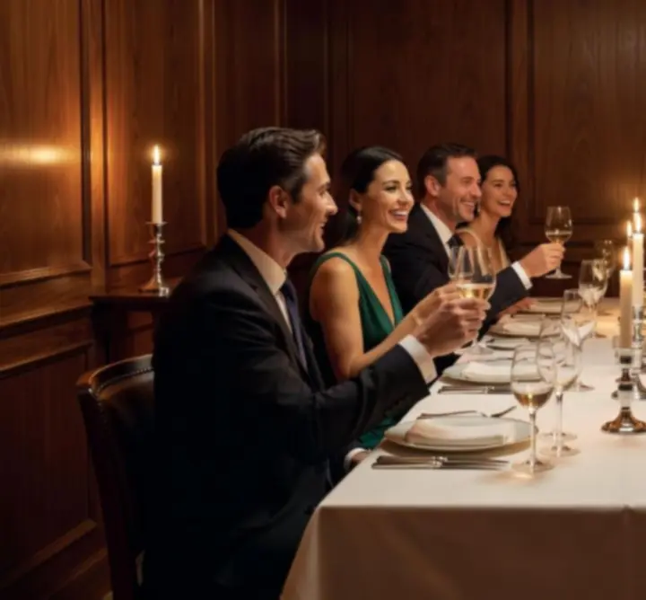 Intimate private celebration table at Turr Away with warm walnut and champagne gold accents