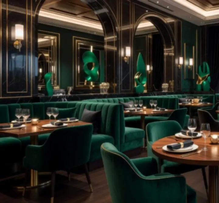 Turr Away's restaurant interior featuring emerald velvet seating, walnut details and soft cinematic lighting