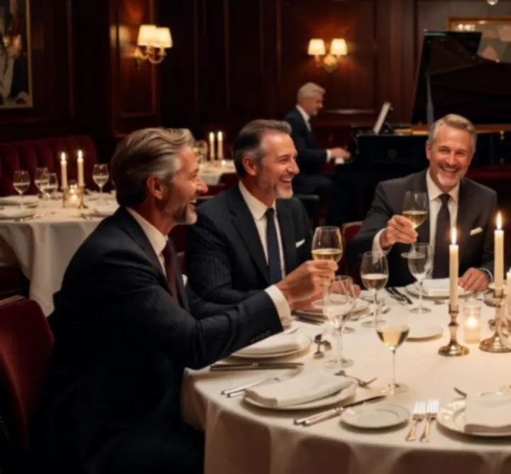 Elegant evening dining scene at Turr Away with candlelit tables and guests enjoying gourmet dishes.