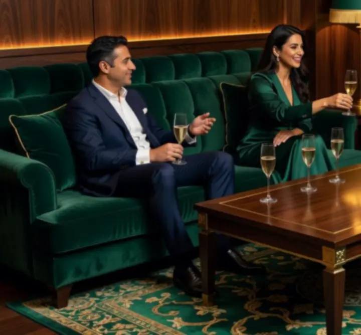 Private lounge at Turr Away prepared for an elegant cocktail gathering with plush seating and soft lighting.